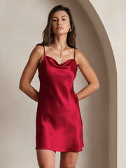 Red mulberry silk spaghetti strap cowl neck short dress.