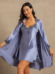 Steel Blue mulberry silk spaghetti strap nightgown and matching robe with black lace embroidery.
