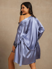 Women's mulberry silk spaghetti strap nightgown and robe set in lavender with black lace trim.