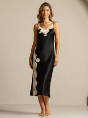 Women's black mulberry silk spaghetti strap nightgown with delicate lace split design.