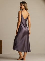 Women's mulberry silk spaghetti strap nightgown in dark gray with a V-neck and lace split design.