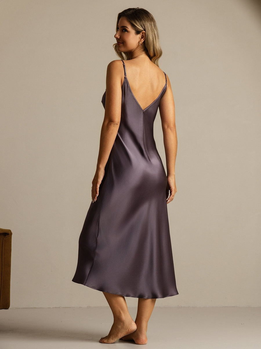 Women's mulberry silk spaghetti strap nightgown in dark gray with a V-neck and lace split design.