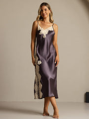 Women's mulberry silk spaghetti strap nightgown in dark purple with ivory lace trim and side split design.