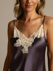 Women's mulberry silk spaghetti strap nightgown in dark gray with delicate cream lace trim.