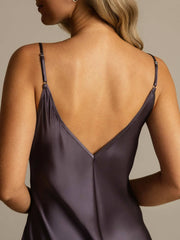 Women's mulberry silk nightgown in dark gray with spaghetti straps and a deep V-back.