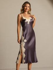 Women's mulberry silk spaghetti strap nightgown in dark grey with cream lace and a side split design.