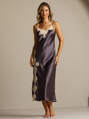 Mulberry silk spaghetti strap nightgown in dark gray with delicate cream lace trim and side split design.