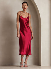 Red mulberry silk spaghetti strap midi dress.