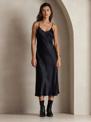 Women's black mulberry silk spaghetti strap midi dress.