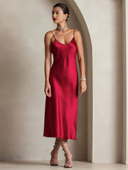 Wine red mulberry silk spaghetti strap midi dress.