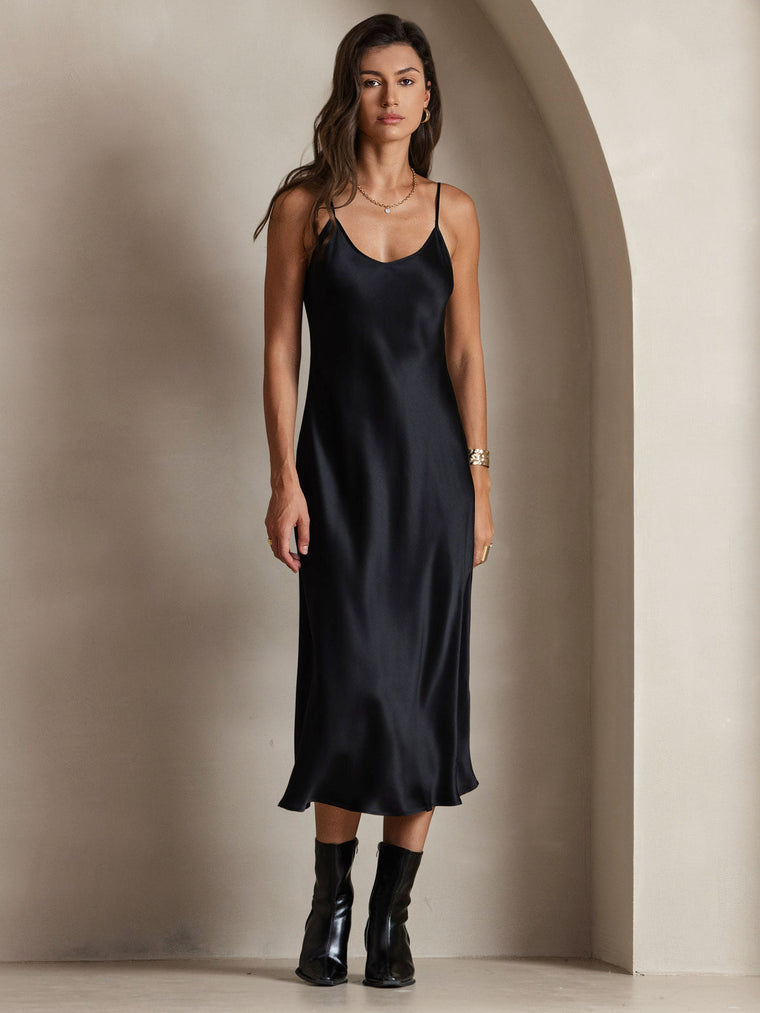 Black 100% Mulberry Silk Spaghetti Strap Midi Long Dress for women.