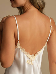 White mulberry silk spaghetti strap nightgown with delicate lace V-back design.