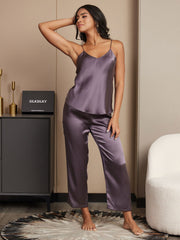 Women's mulberry silk spaghetti strap V-neck cami and pants pajama set in a rich purple hue.