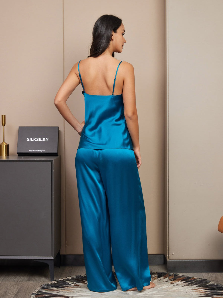 Women's teal mulberry silk spaghetti strap cami and wide-leg pants pajama set.