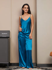 Women's teal mulberry silk spaghetti strap cami and wide leg pants pajama set.