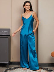 Teal mulberry silk spaghetti strap V-neck cami and wide-leg pants pajama set for women.