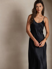 Women's black mulberry silk spaghetti strap V-neck midi dress.