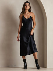 Black 100% Mulberry Silk Spaghetti Strap V Neck Midi Dress for women.