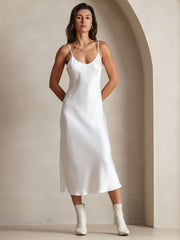 Women's white mulberry silk spaghetti strap V-neck midi dress.