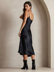 Women's black mulberry silk spaghetti strap V-neck midi dress.