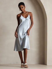 Light blue mulberry silk spaghetti strap V-neck midi dress with criss-cross back design.
