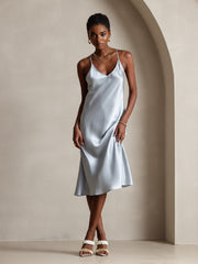 Light blue mulberry silk spaghetti strap V-neck midi dress with criss-cross back design.