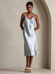 Grayish blue 100% mulberry silk spaghetti strap V-neck midi dress with criss-cross back design.