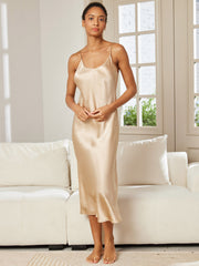 Women's champagne mulberry silk spaghetti strap V-neck midi nightgown.