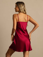Women's red mulberry silk spaghetti strap V-neck short nightgown.