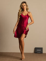Women's red mulberry silk spaghetti strap V-neck short nightgown.