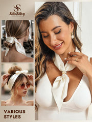 Cream mulberry silk square scarf styled as a necktie, headband, and hair tie.