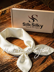 White 100% Mulberry silk square scarf, 53x53cm/21, tied in a knot, with gift box.