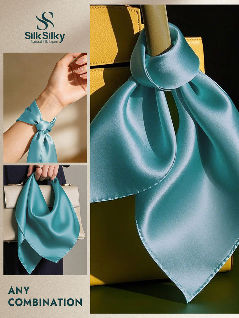 Mulberry silk square scarf in teal, styled on a wrist, handbag, and tied to a yellow bag.