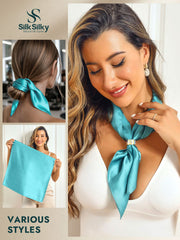 Teal mulberry silk square scarf styled as a necktie, hair tie, and held by a woman.