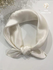 White 100% Mulberry Silk Square Scarf, 53x53cm, tied in a knot.