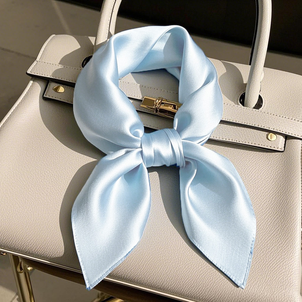Light blue 100% mulberry silk square scarf, 53x53cm, tied on a light gray handbag.