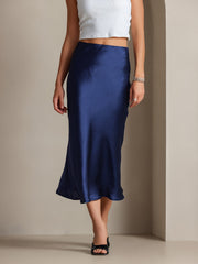 Navy blue mulberry silk stretch long straight skirt with a subtle sheen.