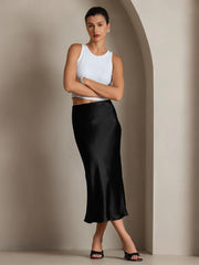 Black 100% Mulberry Silk Stretch Long Straight Skirt, XS(2/4) size, worn by a woman.