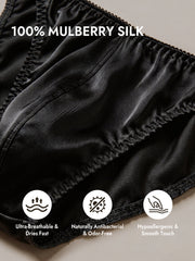 Black 100% Mulberry silk men's string underwear, highlighting ultra-breathable, antibacterial, and hypoallergenic features.