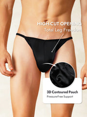 Black 100% Mulberry Silk String Men's Underwear with high-cut opening and 3D contoured pouch.