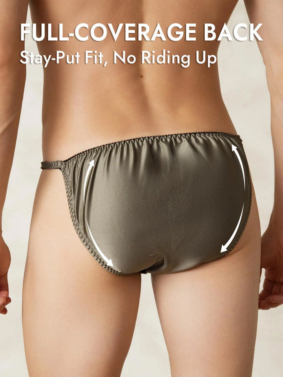 Men's mulberry silk string underwear in olive green, featuring a full-coverage back and stay-put fit.