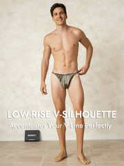 Men's low-rise V-silhouette string underwear in olive green mulberry silk.