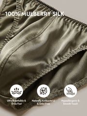 Olive green 100% mulberry silk men's underwear, highlighting ultra-breathable, antibacterial, and hypoallergenic features.
