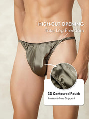 Men's mulberry silk string underwear in olive green, featuring a high-cut opening and 3D contoured pouch.