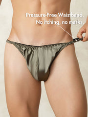 Men's mulberry silk string underwear in olive green with a pressure-free waistband.