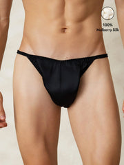Black 100% Mulberry Silk String Men's Underwear, featuring a sleek design and comfortable fit.