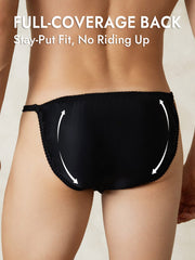 Men's black mulberry silk string underwear with full-coverage back, stay-put fit, and no riding up.