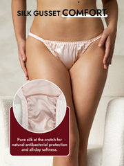 Blush pink mulberry silk string thong panty with a pure silk gusset for comfort and antibacterial protection.