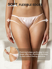 Pale pink mulberry silk string thong with soft, flexible elasticized edges for a comfortable fit.