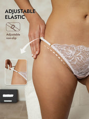 Light pink mulberry silk thong with delicate lace and adjustable elastic straps.